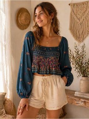 Angie Boho Chic Teal Floral Smocked Peasant Blouse